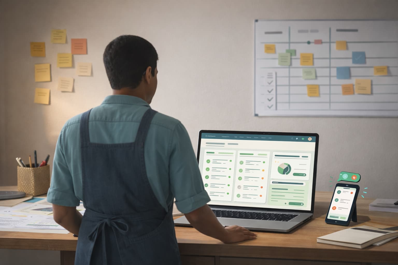 Cleaning business owner reviewing their operations dashboard and job schedule on a laptop, with a process board on the wall behind them