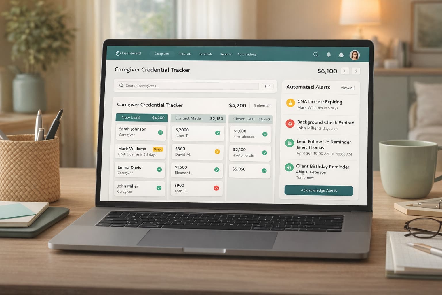 Home care agency operations dashboard showing caregiver credential tracker with automated alerts for expiring certifications and background checks
