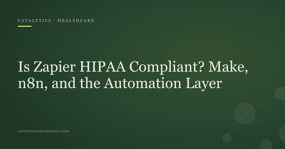 Cover: Is Zapier HIPAA Compliant? Make, n8n, and the Automation Layer, Catalytics Automation